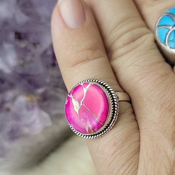 Vivid Pink Sea Sediment Jasper Matrix 925 Sterling Silver Adustable 6 7 8 9 10 - Picture 9 of 9
